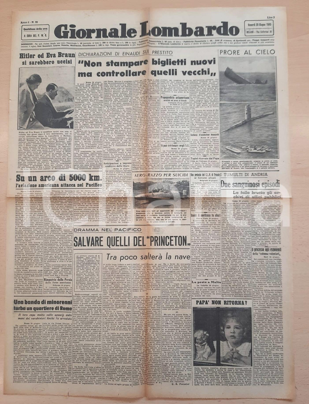 Giornale, rivista storica 1945 WW2 GIORNALE LOMBARDO Hitler ed Eva Braun suicidi  Einaudi sul prestito 1