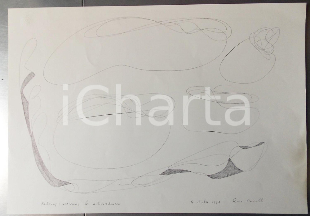 Opera d’arte autentica 1993 Rino CRIVELLI Hachtung: arrivano le antiverdure Disegno ORIGINALE 35x50 1