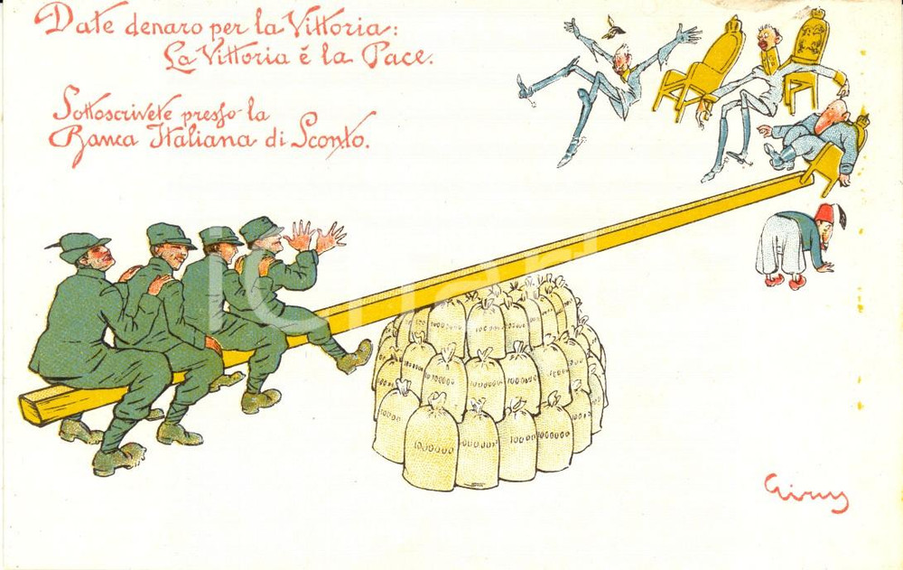 Cartolina originale da collezione 1918 ca WW1 Date denaro per la vittoria: la vittoria è la pace Ill. GIRUS 1