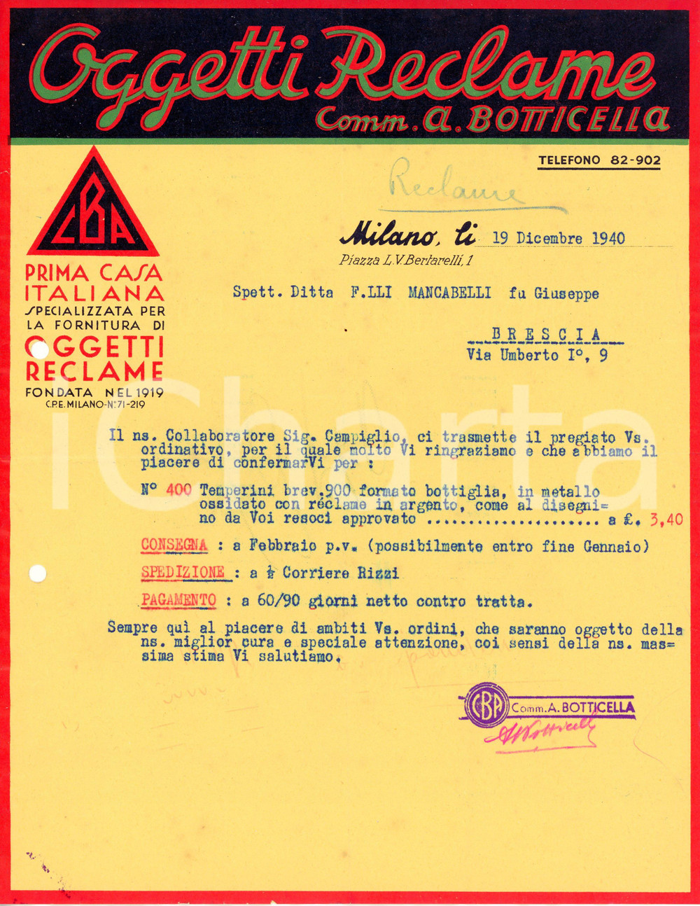 Oggetto da collezione cartaceo 1940 MILANO Piazza Bertarelli  Oggetti reclame di A. BOTTICELLA Lettera 1
