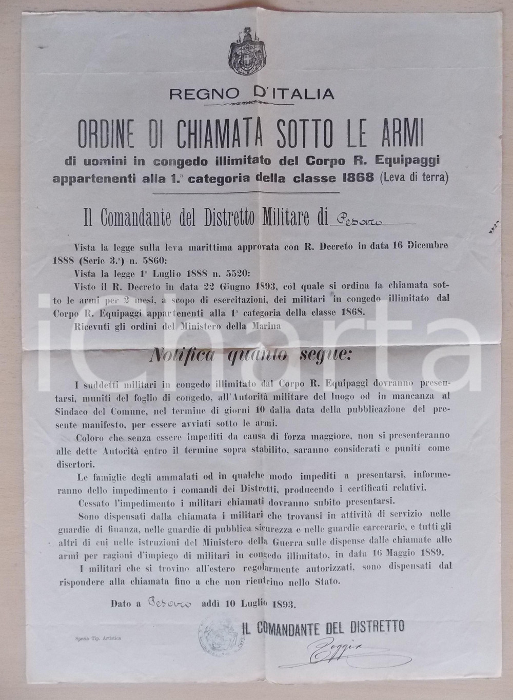Documento originale, autentico 1893 PESARO Chiamata alle armi per militari del CORPO REGI EQUIPAGGI Manifesto 1