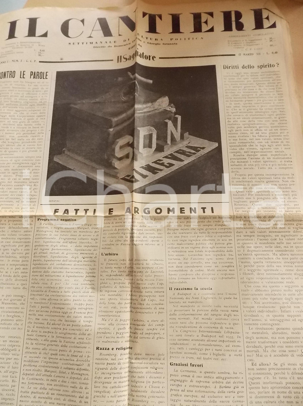 Giornale, rivista storica 1934 IL CANTIERE Riforma dello Stato fascista Giornale politico Anno I n° 3 RARO 1