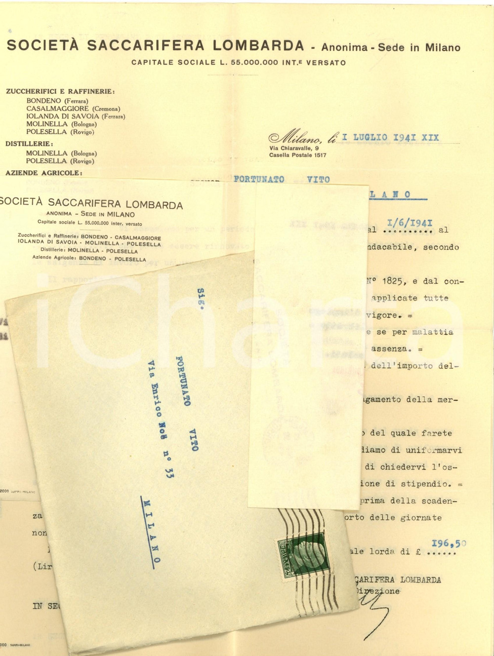 Documento originale, autentico 1941 Milano SOCIETA  SACCARIFERA LOMBARDA Lotto documenti assunzione impiegato 1
