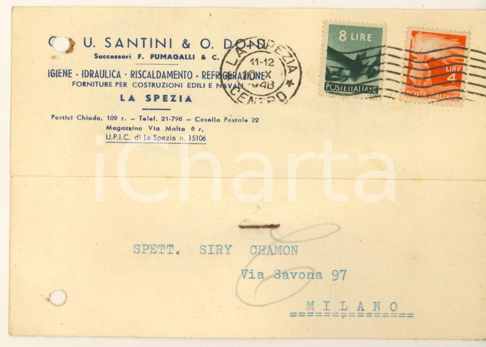 Cartolina originale da collezione 1948 LA SPEZIA Igiene idraulica Cav. SANTINI & DONI Cartolina commerciale FG VG 1