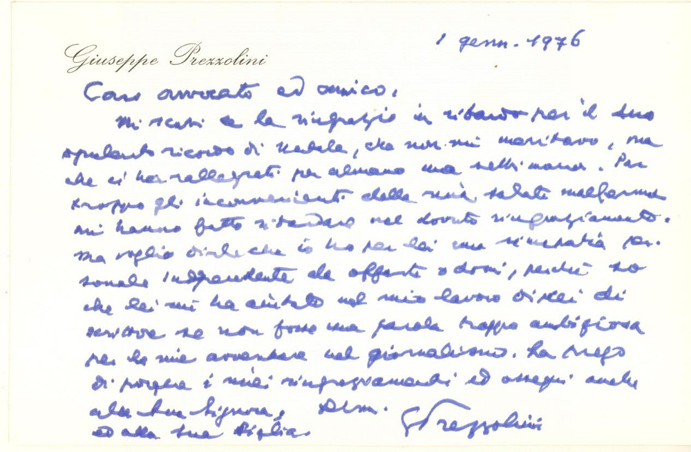 Autografo originale 1976 Scrittore Giuseppe PREZZOLINI   Biglietto di ringraziamento AUTOGRAFO 1
