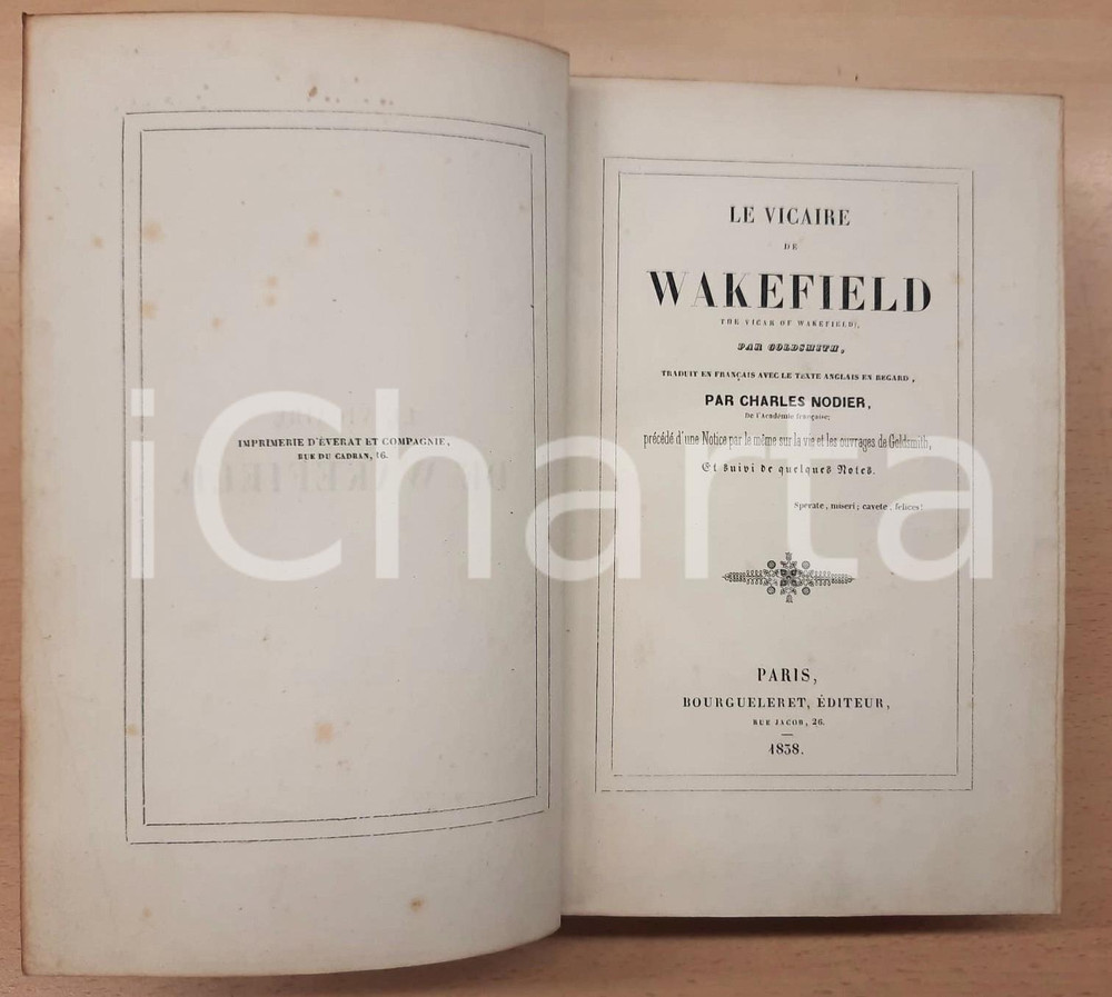Libro, pubblicazione d epoca 1838 GOLDSMITH Le vicaire de Wakefield  trad. NODIER Ed. BOURGUELERET 1