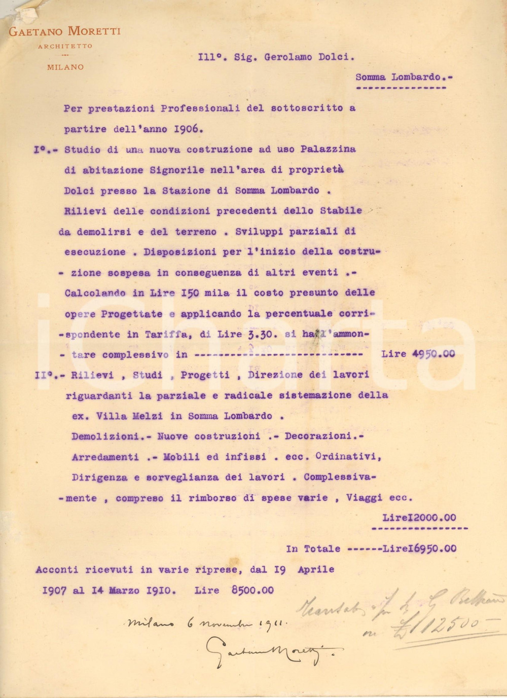 Autografo originale 1911 MILANO Parcella arch. Gaetano MORETTI Villa DOLCI Somma Lombardo Autografo 1