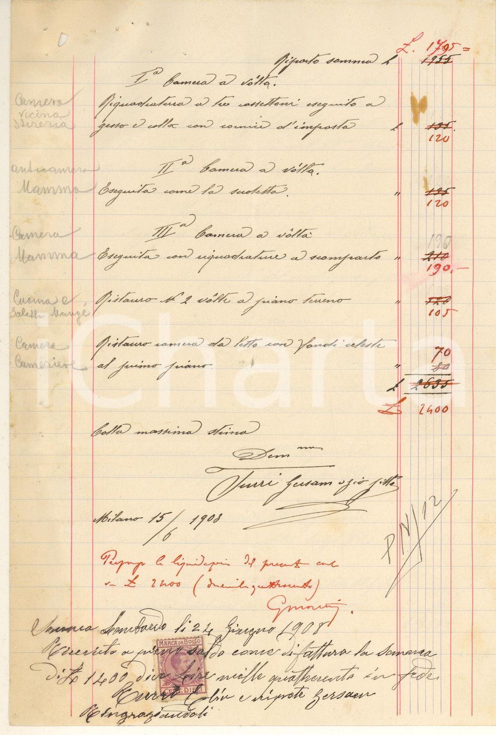 Autografo originale 1908 SOMMA LOMBARDO Lavori Villa DOLCI  Autografi Gersam TURRI Gaetano MORETTI 1