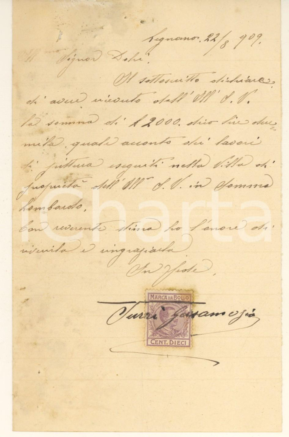 Autografo originale 1909 LEGNANO Ricevuta pittore Gersam TURRI per lavori Autografo 1