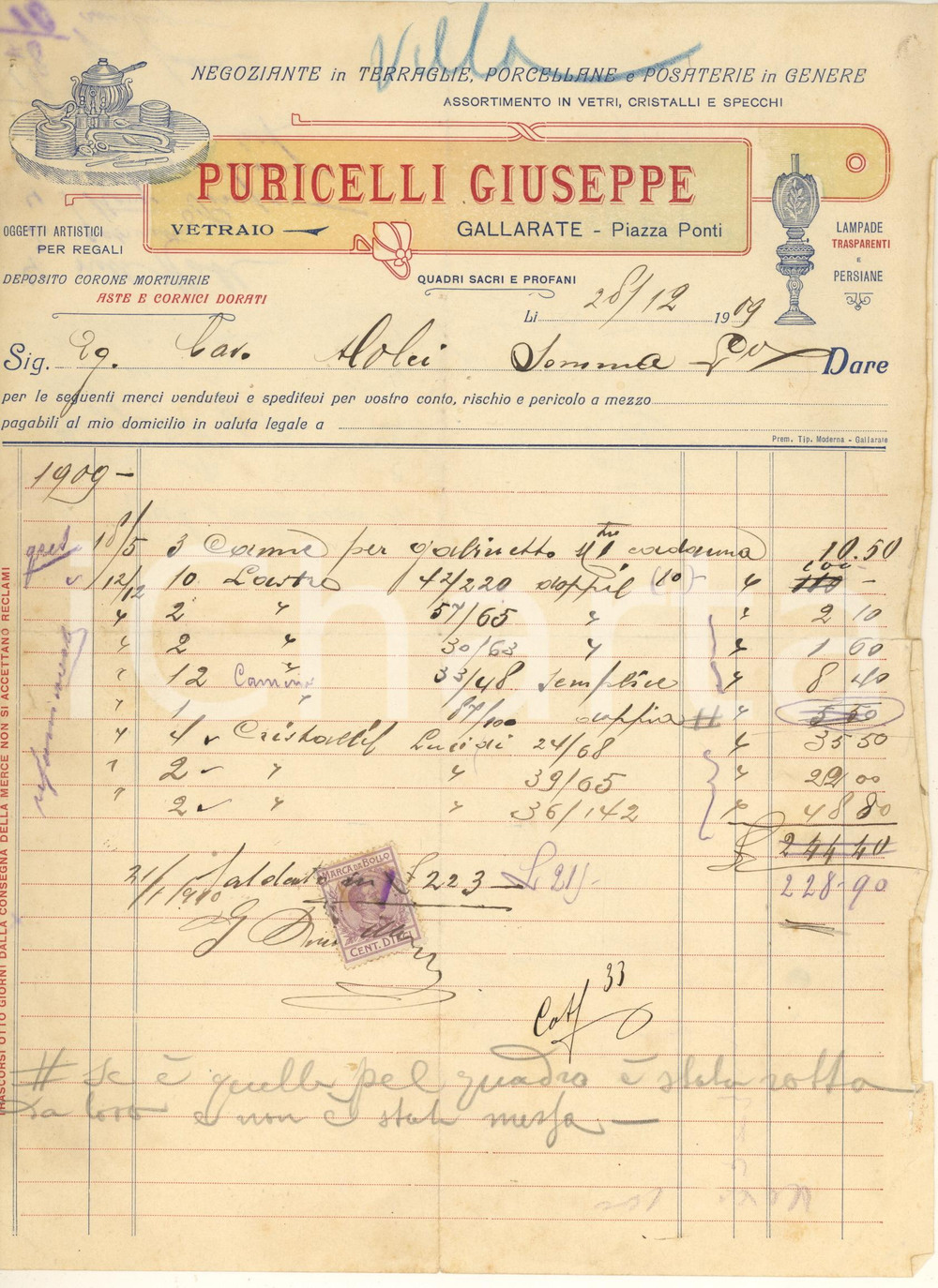 Documento originale, autentico 1909 GALLARATE VA Giuseppe PURICELLI  Vetraio e negoziante Fattura 1