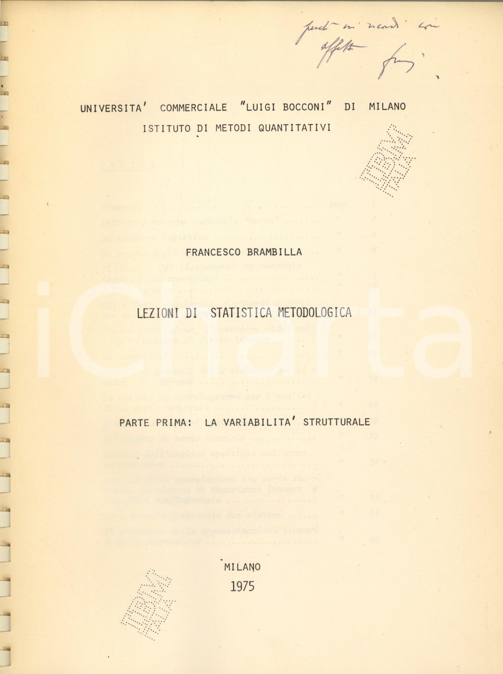 Libro, pubblicazione d epoca 1975 Francesco BRAMBILLA Lezioni di statistica metodologica  Dispense AUTOGRAFO 1