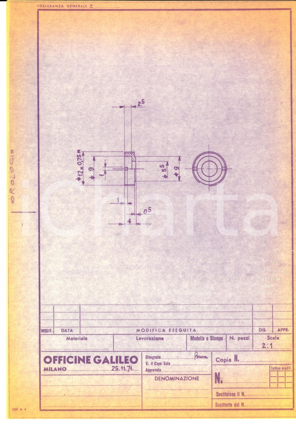 Materiale pubblicitario d’epoca 1971 OFFICINE GALILEO MILANO Schema per orologio Materiale inox 21x30 1