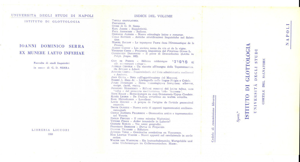 Cartolina originale da collezione 1959 UNIVERSITA  DI NAPOLI Istituto di glottologia  Studi G. D. SERRA Cedola 1