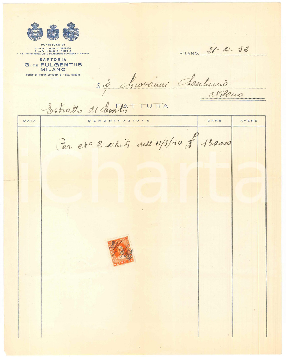 Documento originale, autentico 1952 MILANO corso Porta Vittoria  Sartoria G. DE FULGENTIS  Estratto conto 1