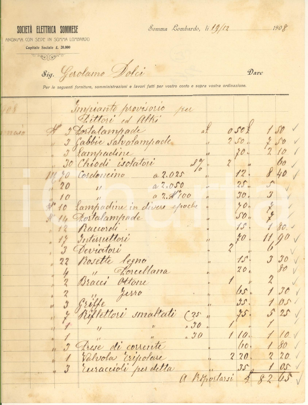 Documento originale, autentico 1908 SOMMA LOMBARDO VA Società Elettrica Sommese  Fattura intestata 1 1