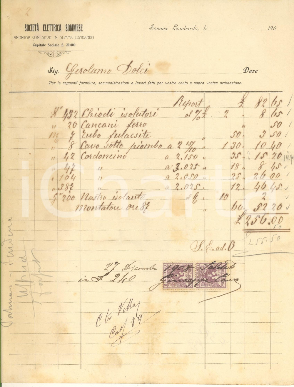 Documento originale, autentico 1908 SOMMA LOMBARDO VA Società Elettrica Sommese  Fattura intestata 2 1