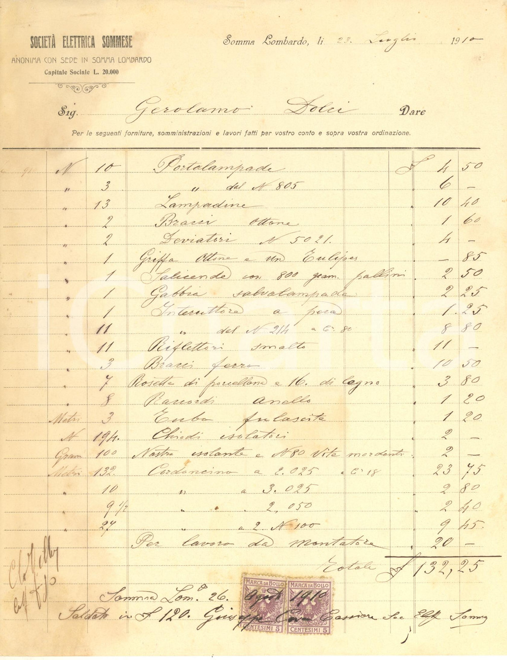 Documento originale, autentico 1908 SOMMA LOMBARDO VA Società Elettrica Sommese  Fattura intestata 3 1