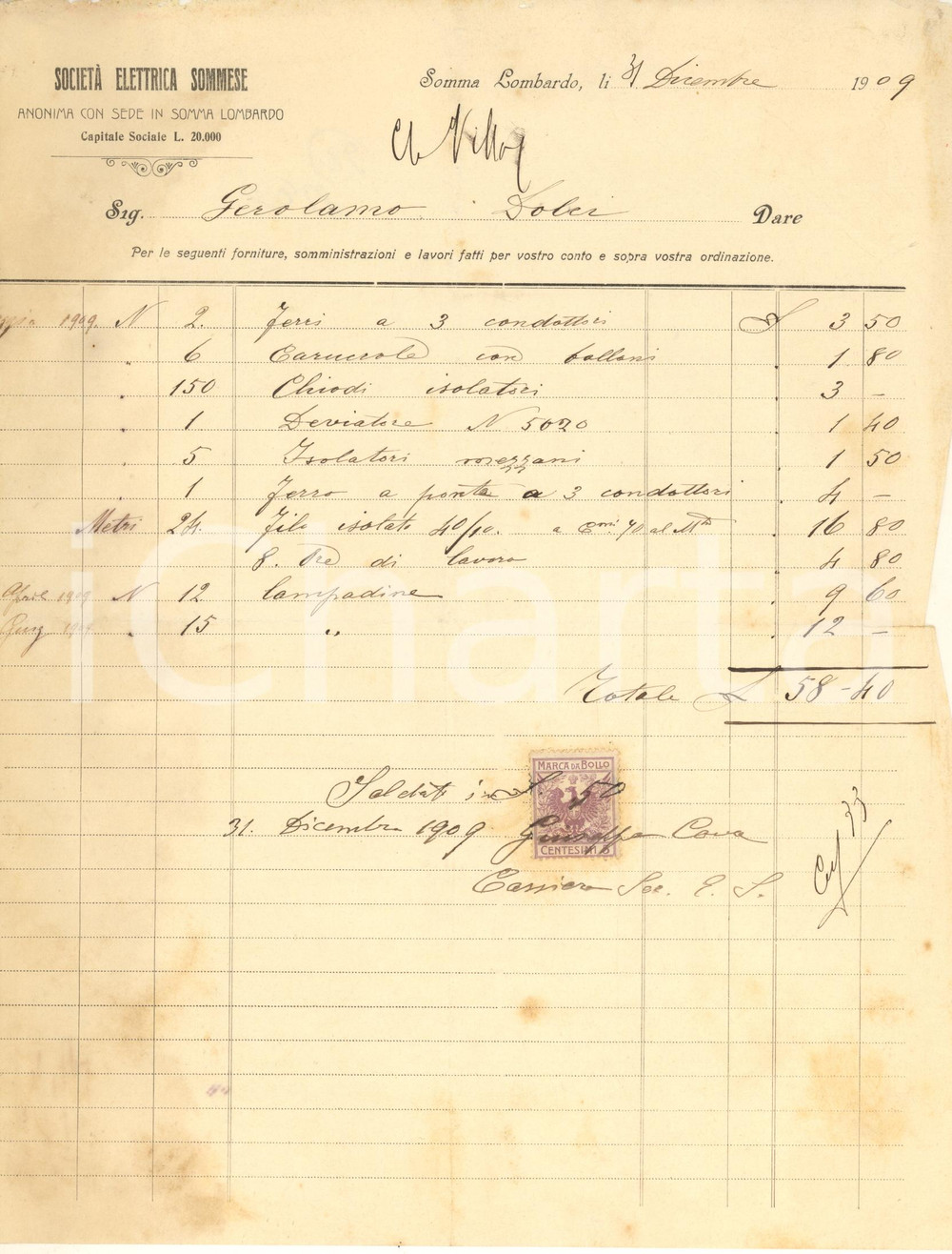 Documento originale, autentico 1908 SOMMA LOMBARDO VA Società Elettrica Sommese  Fattura intestata 4 1