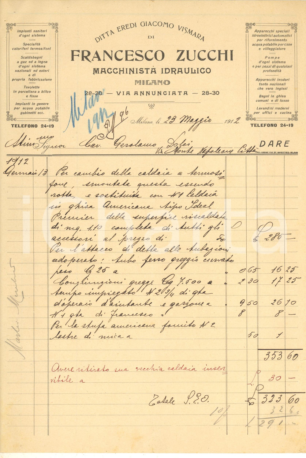 Documento originale, autentico 1912 MILANO Via Annunciata  Francesco ZUCCHI macchinista idraulico Fattura 1 1