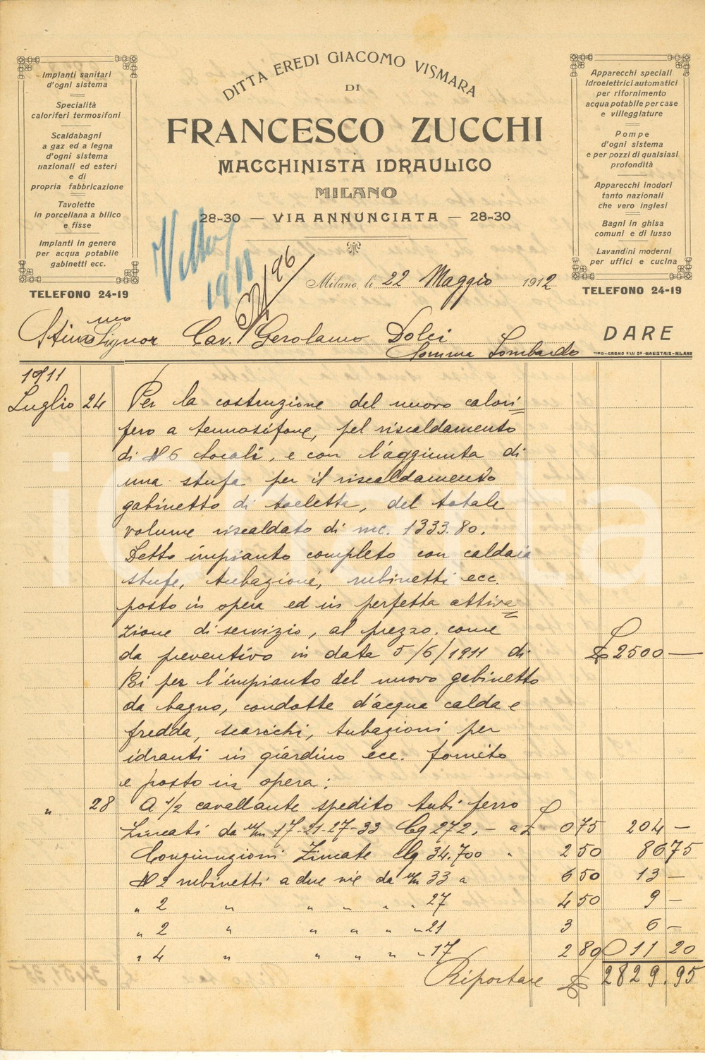 Documento originale, autentico 1912 MILANO Via Annunciata  Francesco ZUCCHI macchinista idraulico Fattura 2 1