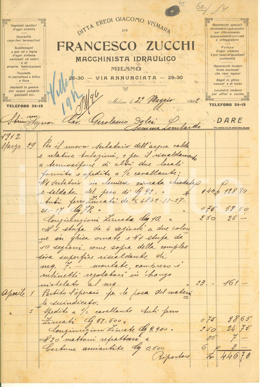 Documento originale, autentico 1912 MILANO Via Annunciata  Francesco ZUCCHI macchinista idraulico Fattura 3 1
