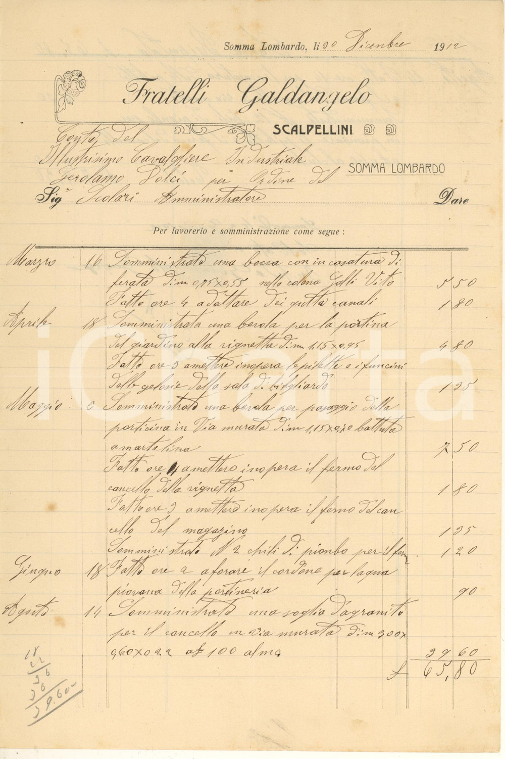 Documento originale, autentico 1912 SOMMA LOMBARDO VA Fratelli GALDANGELO scalpellini  Fattura intestata 1 1