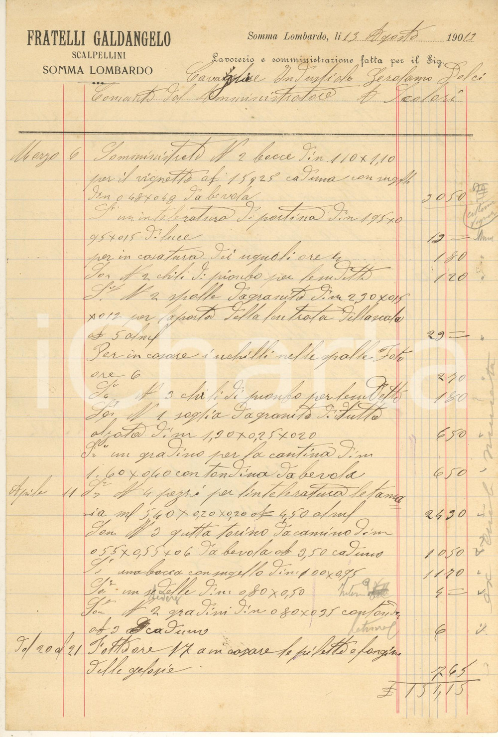 Documento originale, autentico 1912 SOMMA LOMBARDO VA Fratelli GALDANGELO scalpellini  Fattura intestata 3 1