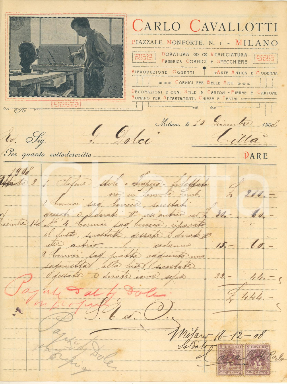 Documento originale, autentico 1908 MILANO Piazzale Monforte  Carlo CAVALLOTTI cornici  Fattura intestata 1