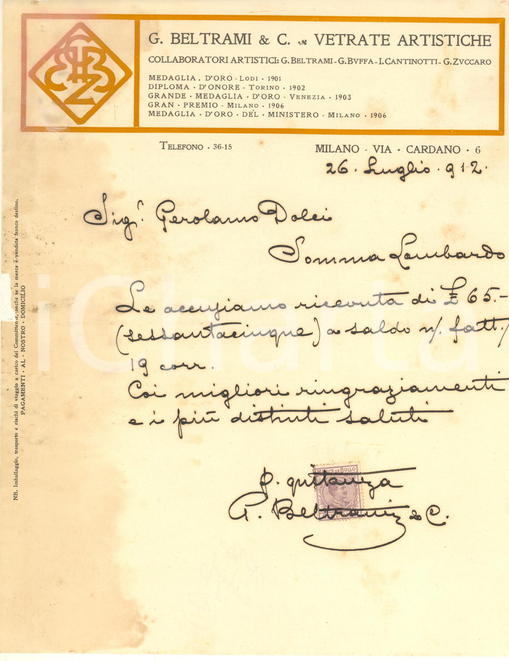 Documento originale, autentico 1912 MILANO Via Cardano  Ricevuta Giovanni BELTRAMI vetrate Autografo 1