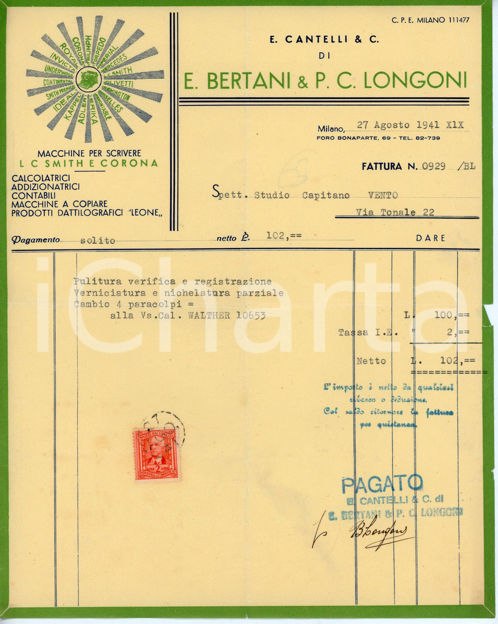 Oggetto da collezione cartaceo 1941 MILANO Foro Bonaparte 69 BERTANI E LONGONI Macchine per scrivere L.C. SMITH 1