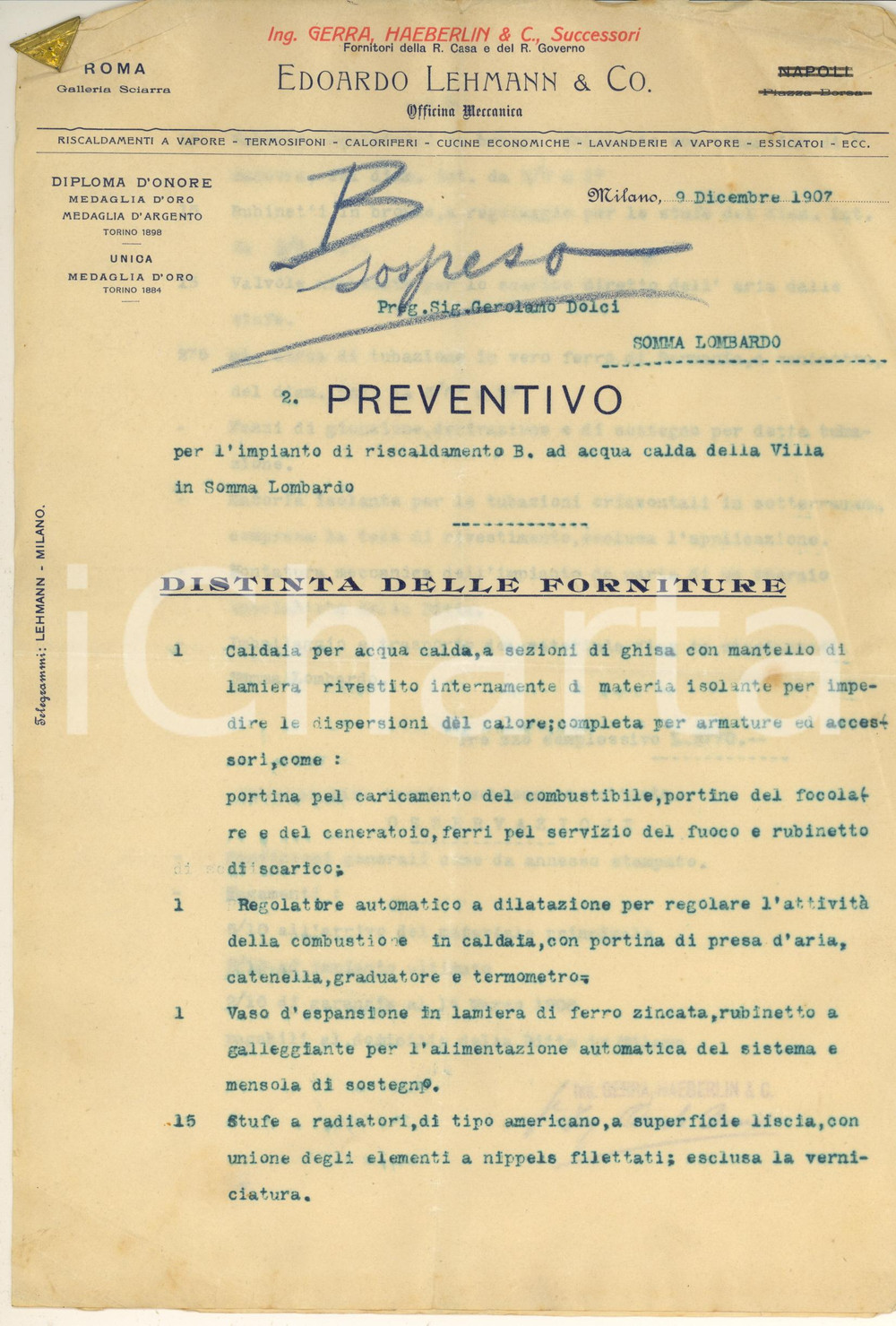 Documento originale, autentico 1907 MILANO Edoardo LEHMANN Officina meccanica  Preventivo riscaldamento 1
