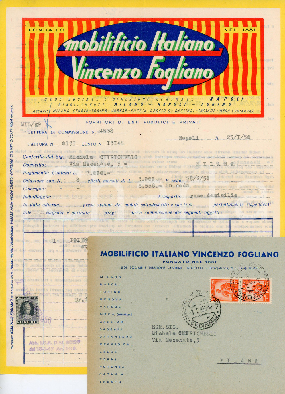 Oggetto da collezione cartaceo 1950 NAPOLI Mobilificio italiano Vincenzo FOGLIANO Fattura per poltrona letto 1