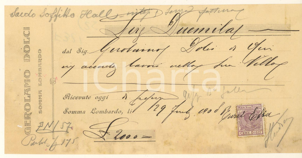 Documento originale, autentico 1908 SOMMA LOMBARDO VA Gerolamo DOLCI  Cambiale intestata 1