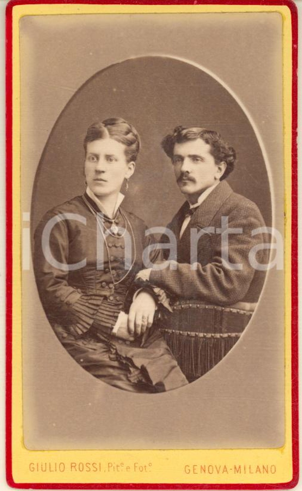 Fotografia d epoca originale 1870 ca MILANO Coppia di giovani coniugi seduti  Foto Giulio ROSSI CDV 1