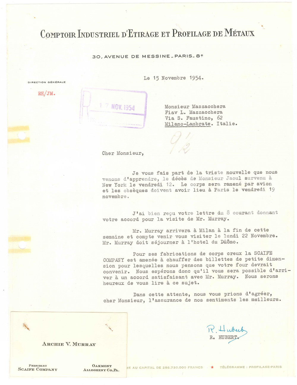 Documento originale, autentico 1954 PARIS Comptoir Etirage Profilage Métaux  Lettre R. HUBERT Autographe 1