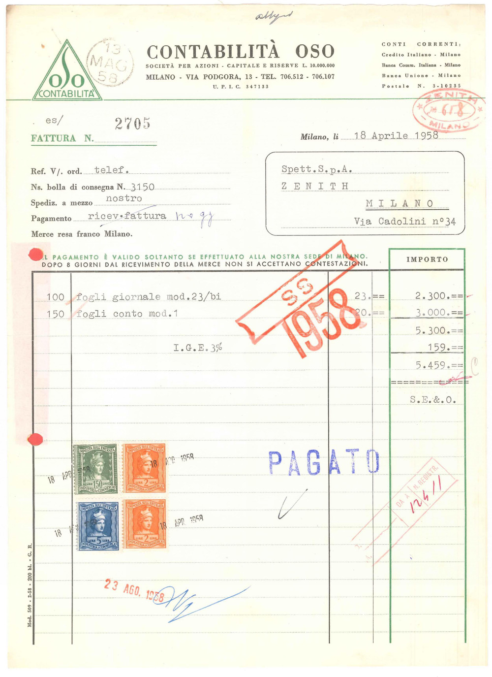 Documento originale, autentico 1958 MILANO Via Podgora 13  Contabilità OSO  Fattura intestata 1 1