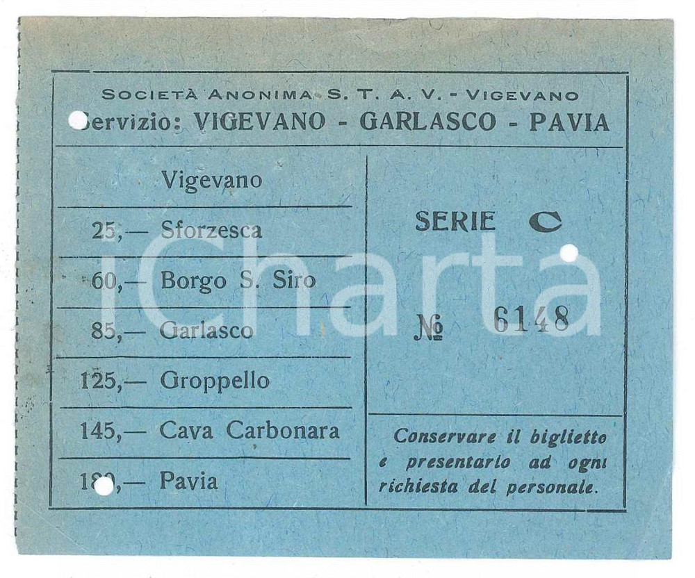 Oggetto da collezione cartaceo 1950 ca STAV Società trasporti  Biglietto VIGEVANO  GARLASCO  PAVIA 10x8 cm 1