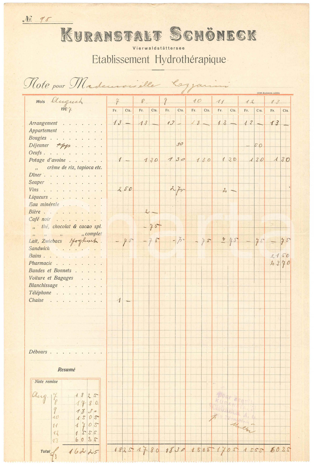 Documento originale, autentico 1927 EMMETEN SVIZZERA Kuranstalt Schöneck  Conto manoscritto 1