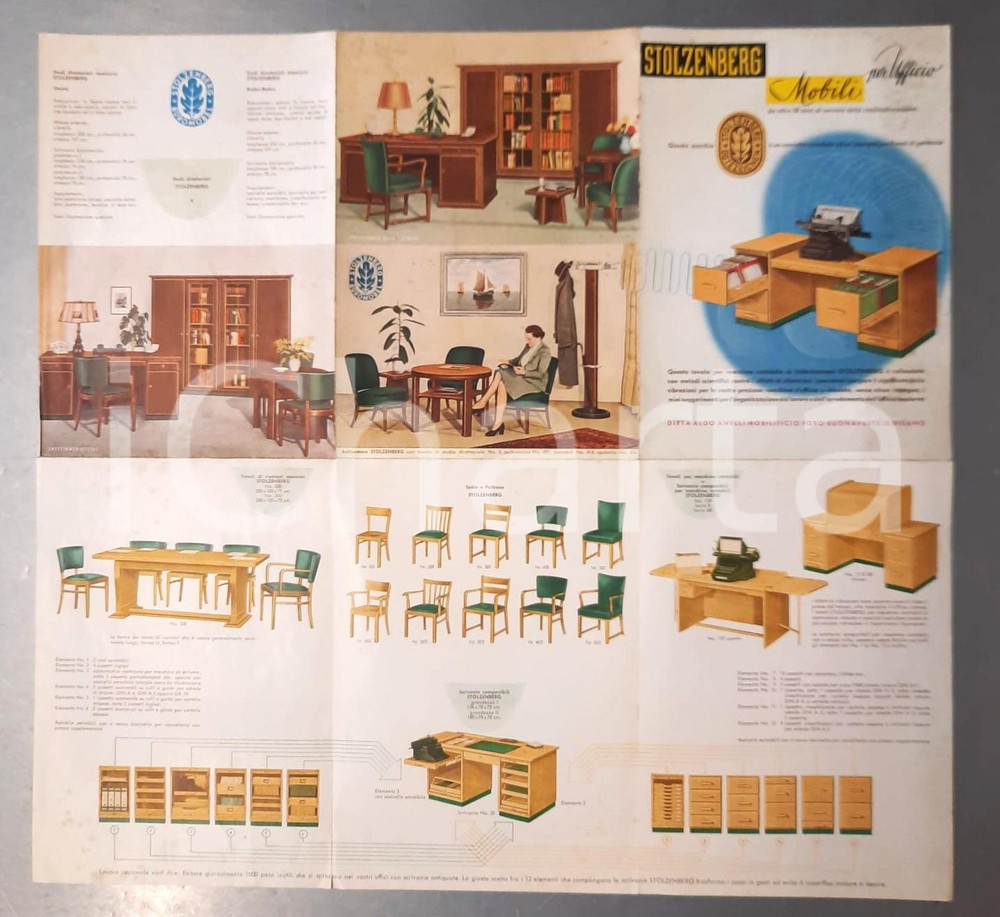 Materiale pubblicitario d’epoca 1960 ca MILANO Ditta STOLZENBERG Mobili per ufficio Pieghevole ILLUSTRATO 1