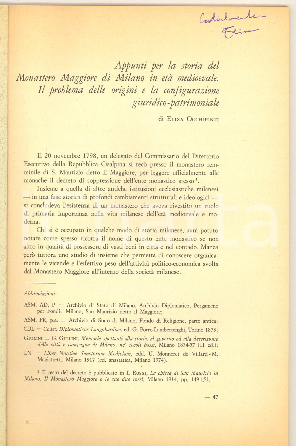 Libro, pubblicazione d epoca 1977 Elisa OCCHIPINTI Monastero Maggiore di Milano in età medioevale Autografo 1