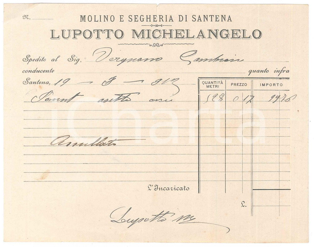 Documento originale, autentico 1912 SANTENA TO Molino e Segheria LUPOTTO Michelangelo Ricevuta spedizione 1