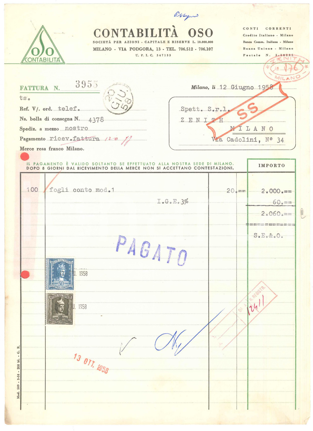 Documento originale, autentico 1958 MILANO Via Podgora 13  Contabilità OSO  Fattura intestata 2 1