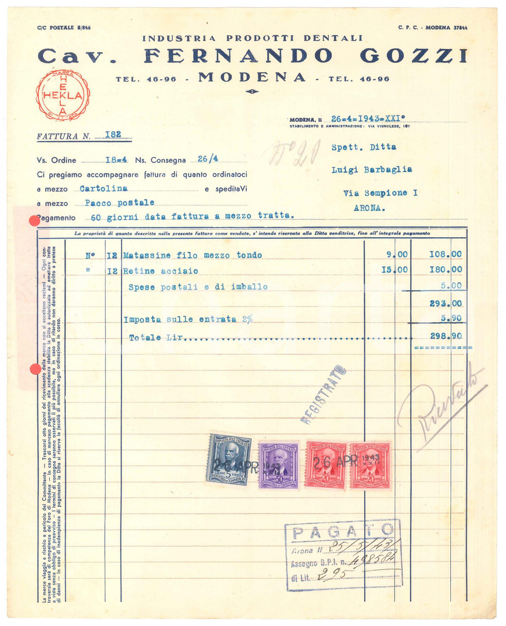Documento originale, autentico 1943 MODENA Via Vignolese 26  Cav. Fernando GOZZI impianti dentali  Fattura 1