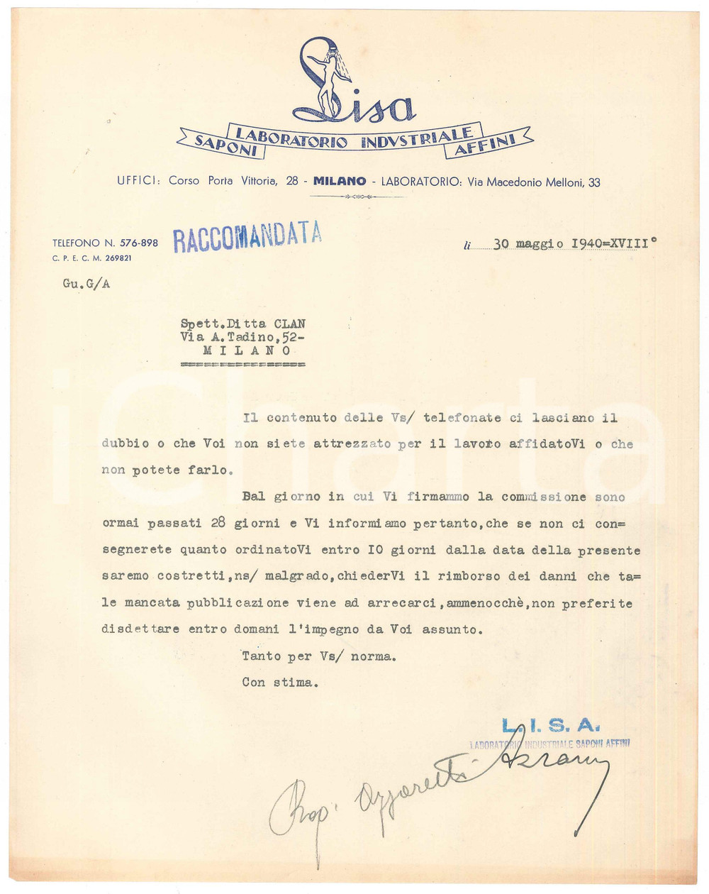Documento originale, autentico 1940 MILANO Porta Vittoria  LISA Laboratorio Saponi  Lettera commerciale 1