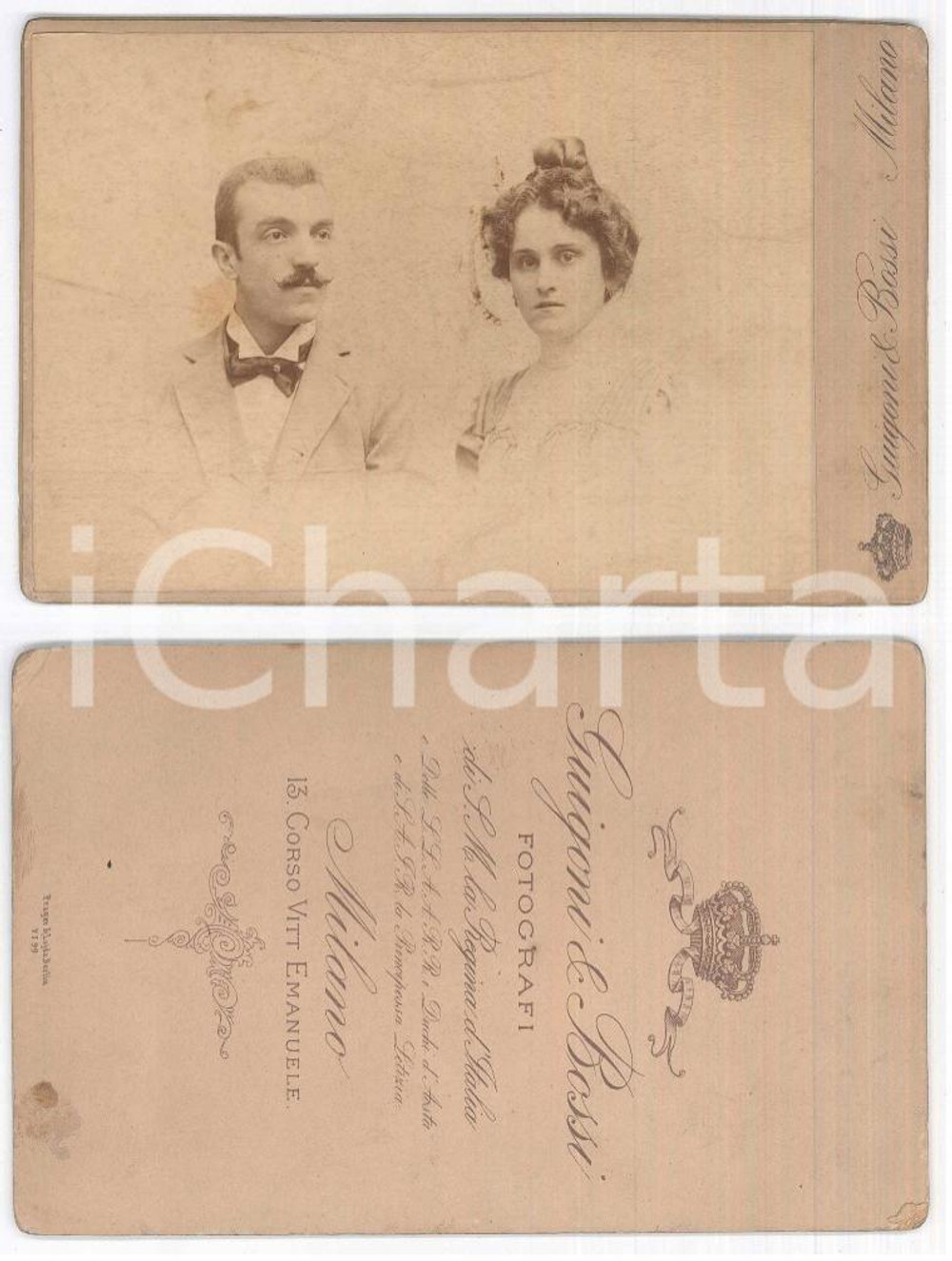 Fotografia d epoca originale 1890 ca MILANO Ritratto di una coppia di sposi Foto GUIGONI e BOSSI 11x16 1