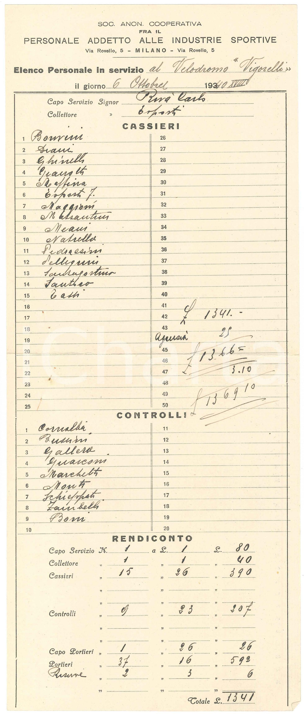 Documento originale, autentico 1940 CICLISMO MILANO Velodromo VIGORELLI  Personale in servizio  Cassieri 3 1