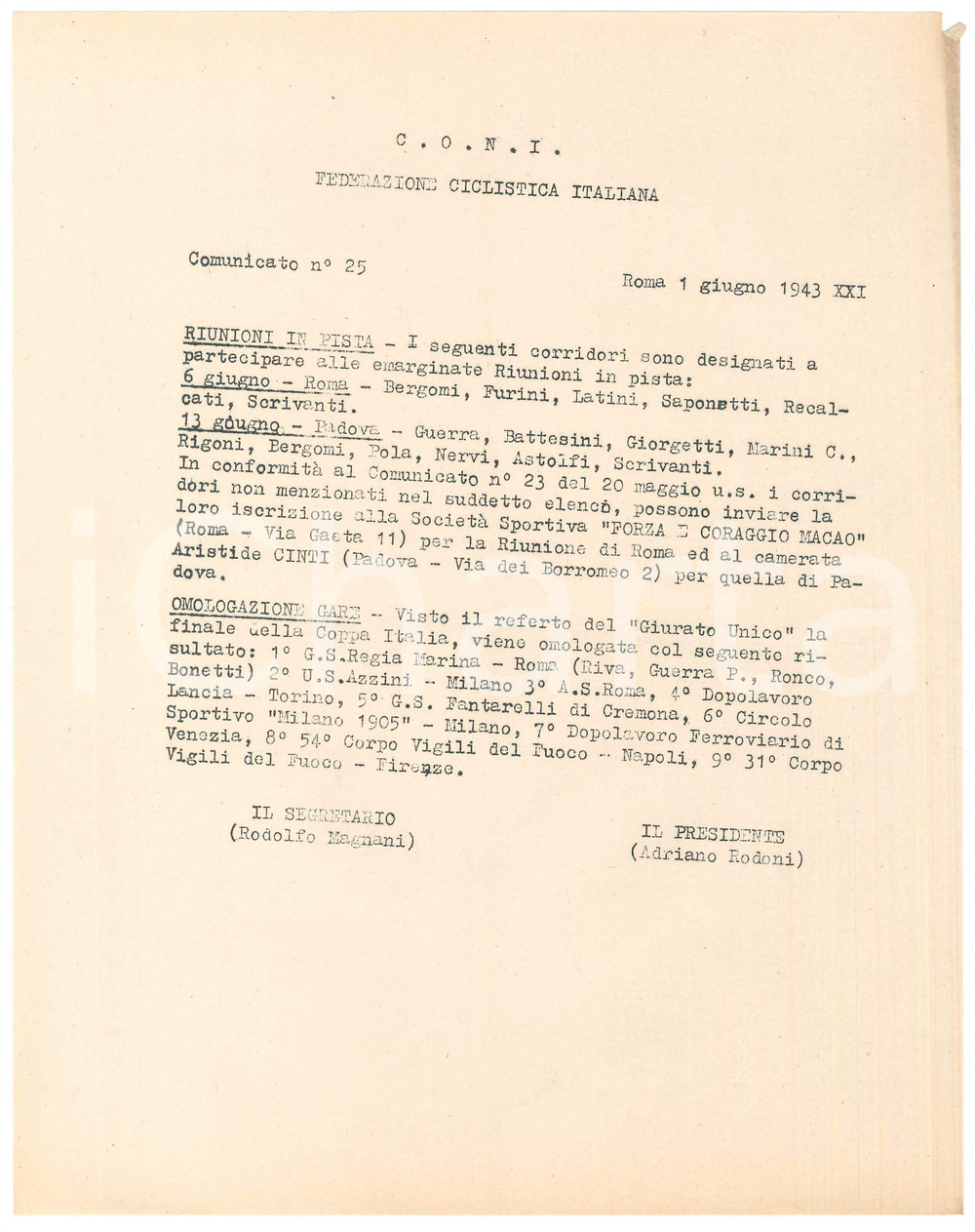 Documento originale, autentico 1943 CONI CICLISMO Riunioni in pista a Roma e Padova  Comunicato n.25 1