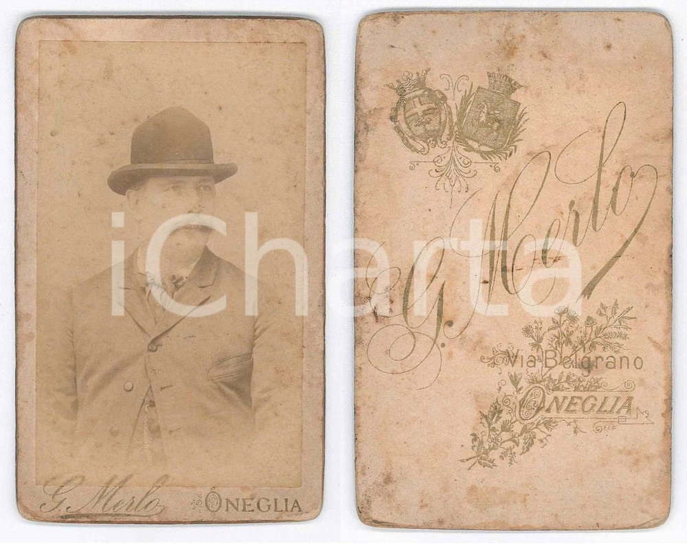 Fotografia d epoca originale 1880 ca ONEGLIA Ritratto maschile con cappello  Foto G. MERLO CDV 1