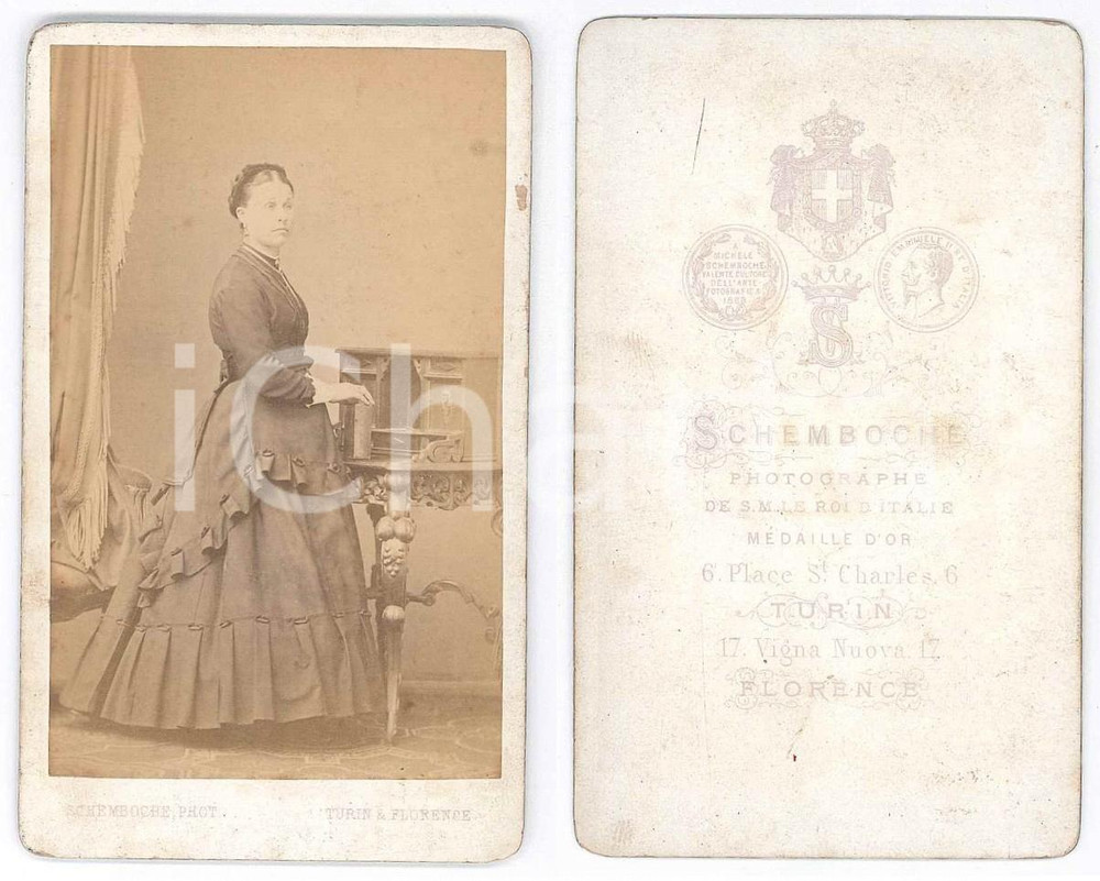 Fotografia d epoca originale 1870 ca TORINO Giovane donna in abito scuro  Foto SCHEMBOCHE  CDV 1