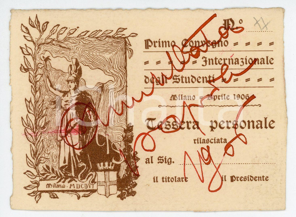Oggetto da collezione cartaceo 1906 MILANO Primo convegno internazionale degli studenti  Tessera ANNULLATA 1